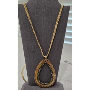 Jessica Simpson Gold Amber Clear Beaded Tear Drop Pendant Necklace Braided